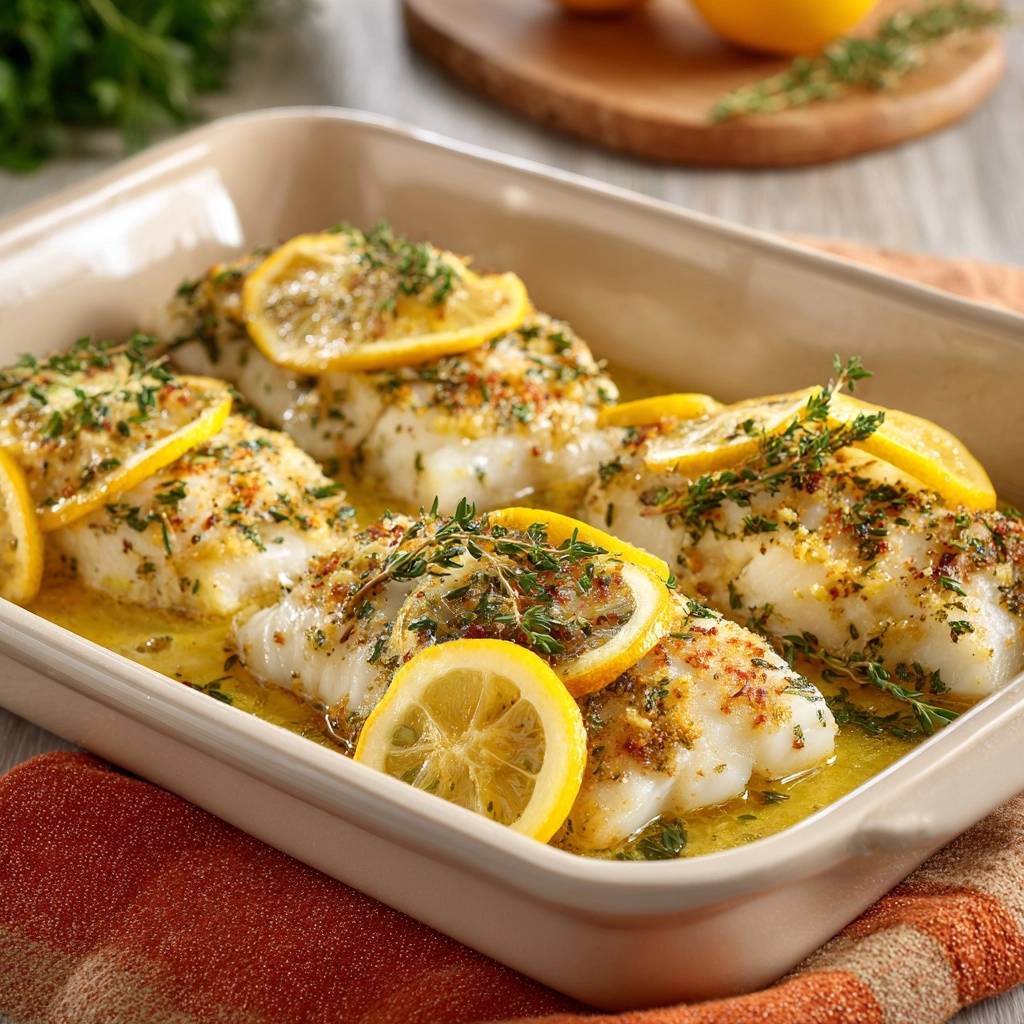 Saftiger Zitronen-Thymian-Fisch aus dem Ofen in einer Auflaufform, garniert mit Zitronenscheiben und frischen Kräutern, serviert auf einem Tisch.