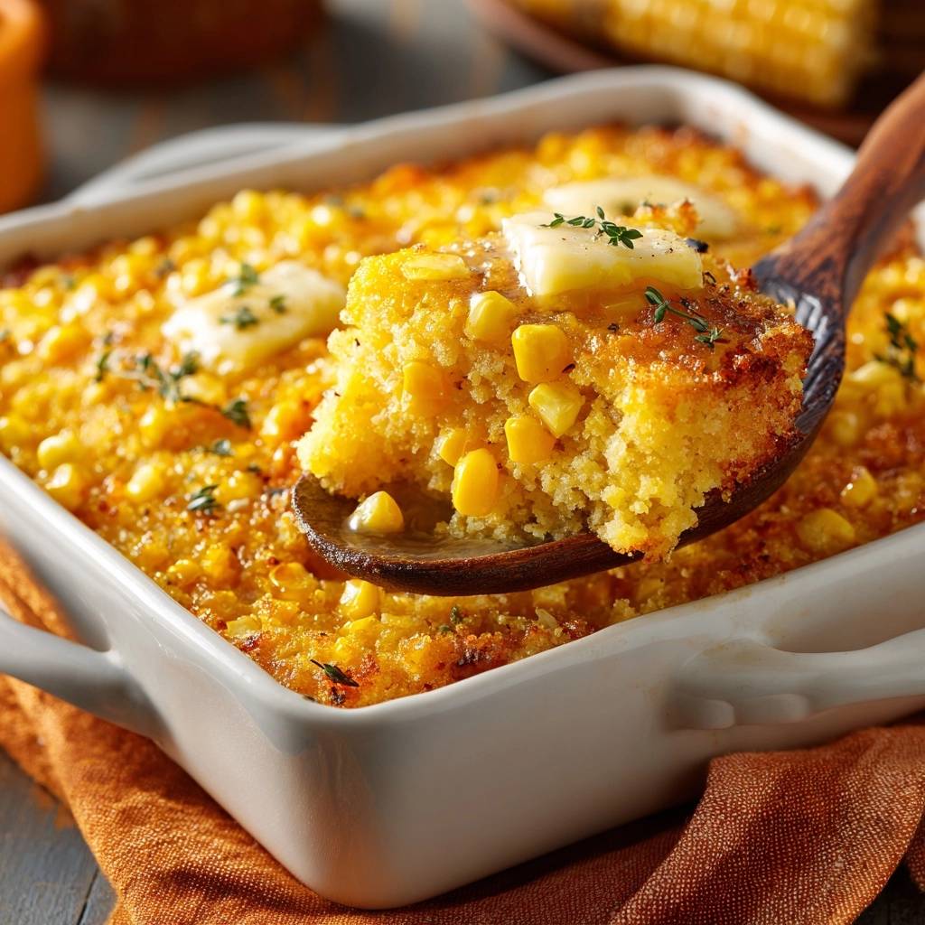 Saftiges Cornbread wird auf einem Holzlöffel serviert. Eine dampfende Portion Maisbrot, garniert mit Butter und Kräutern.