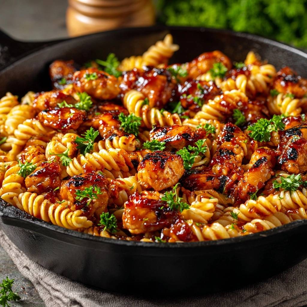 Saftiges Hähnchen-Fusilli aus der Pfanne in einer Gusseisenpfanne, garniert mit frischer Petersilie, aus der Vogelperspektive.