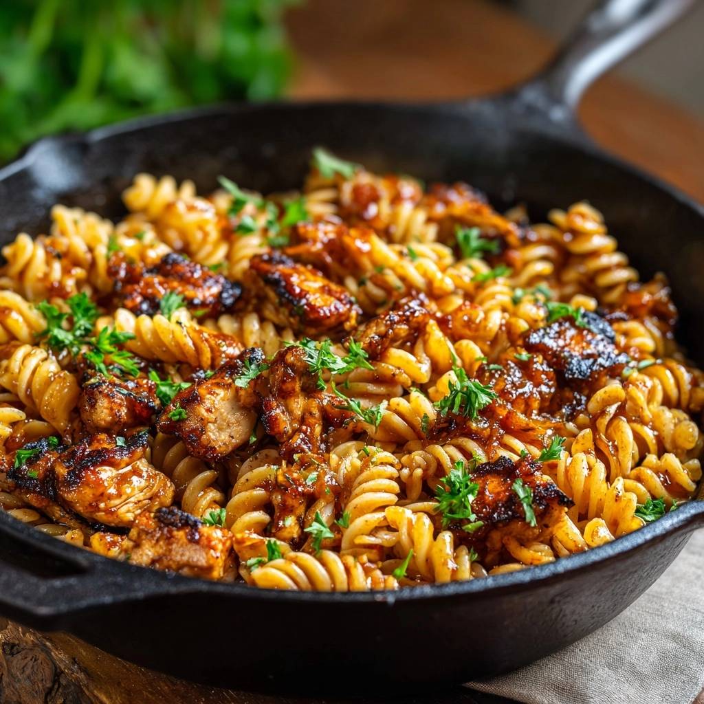Saftiges Hähnchen-Fusilli aus der Pfanne in Nahaufnahme, garniert mit frischer Petersilie, zubereitet in einer gusseisernen Pfanne.