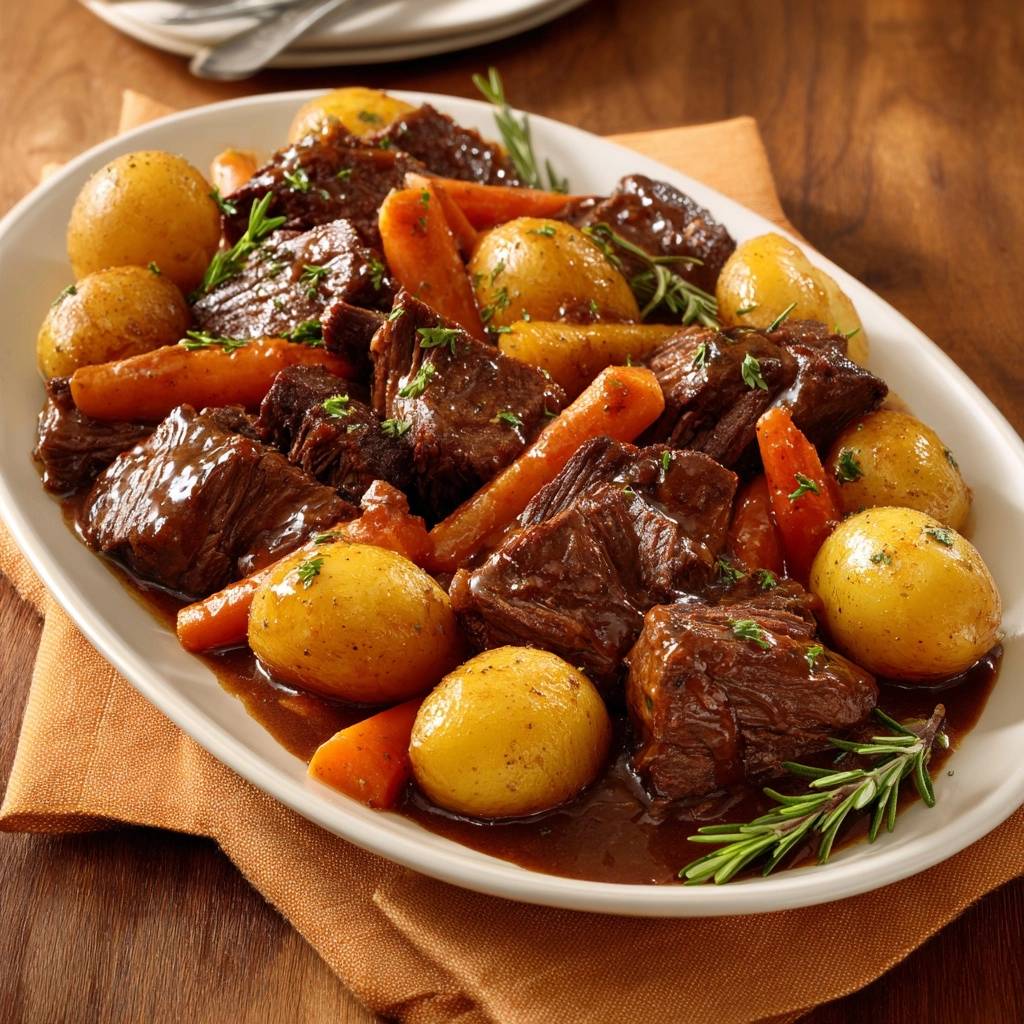 Saftiges Rindergulasch mit Babykartoffeln und Karotten, serviert auf einem weißen Teller, von oben fotografiert, mit frischen Kräutern garniert.
