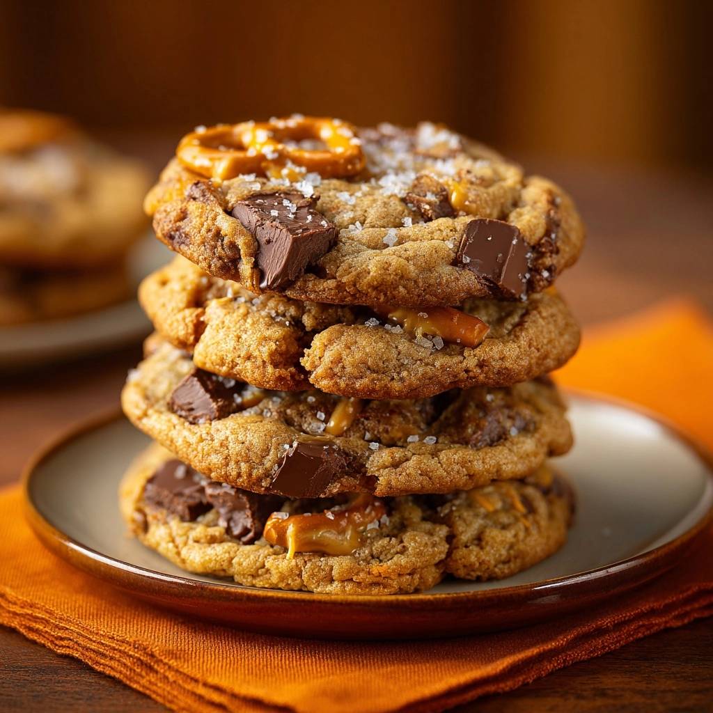 Salzkaramell Schoko Cookies Nahaufnahme 1 Salzkaramell-Schoko-Cookies in Nahaufnahme: Ein Stapel frisch gebackener Cookies mit Schokoladenstücken, Salz und Karamell. Die Textur der Cookies ist perfekt.