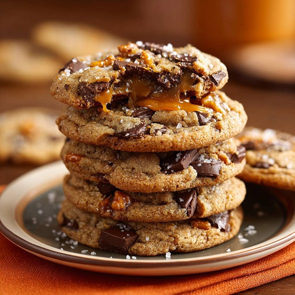 Salzkaramell-Schoko-Cookies in Nahaufnahme zeigen einen köstlichen Querschnitt mit flüssigem Karamell und Schokostückchen. Diese Cookies sind ein unwiderstehlicher Genuss.