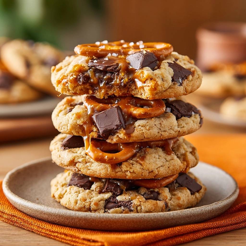 Salzkaramell-Schoko-Pretzel-Cookies gestapelt mit darüber träufelnder Karamglasur und Schokoladenstückchen.