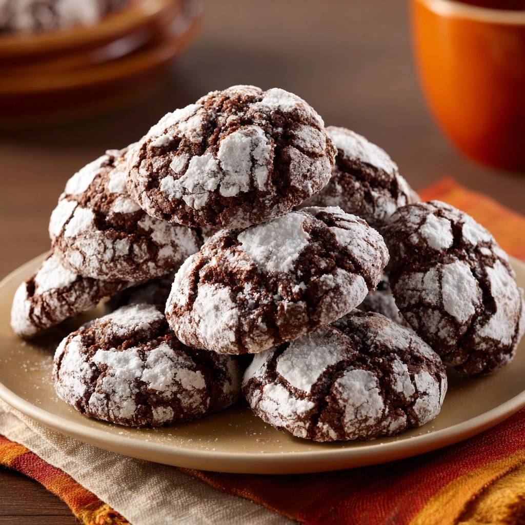 Schoko-Crinkle-Cookies auf einem Teller gestapelt, mit Puderzucker bestäubt und bereit zum Genießen. Die perfekte Nascherei!