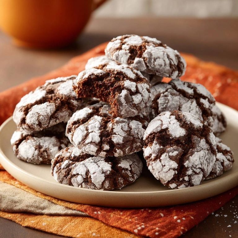 Schoko-Crinkle-Cookies im Nahaufnahme, mit einem Cookie angeschnitten, um die weiche Innenseite zu zeigen. Die leckeren Kekse sind mit Puderzucker bestäubt.