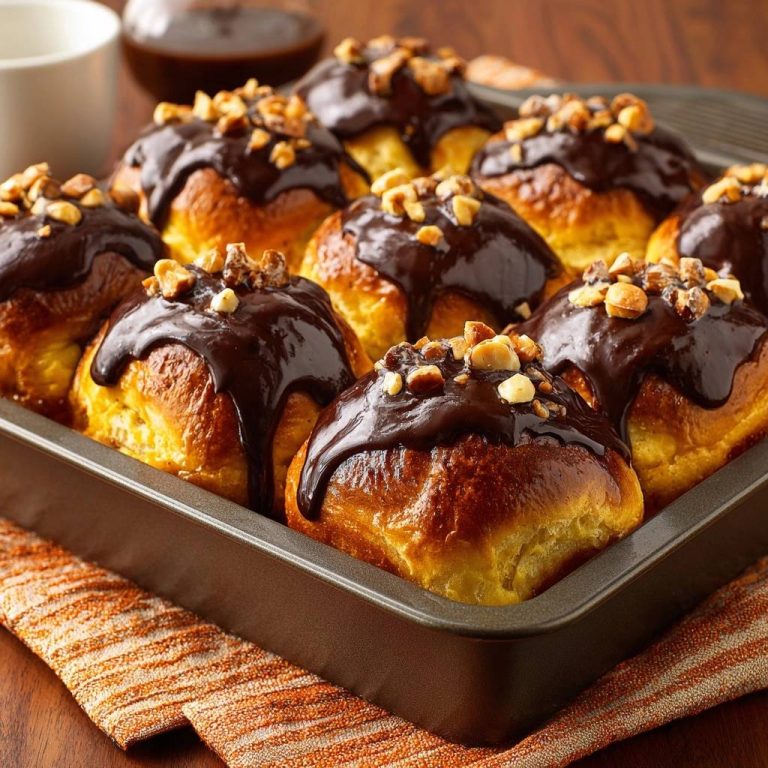 Schokoladen-Nuss-Brötchen in einer Backform, mit flüssiger Schokoladen-Glasur und gehackten Nüssen, in Nahaufnahme fotografiert.