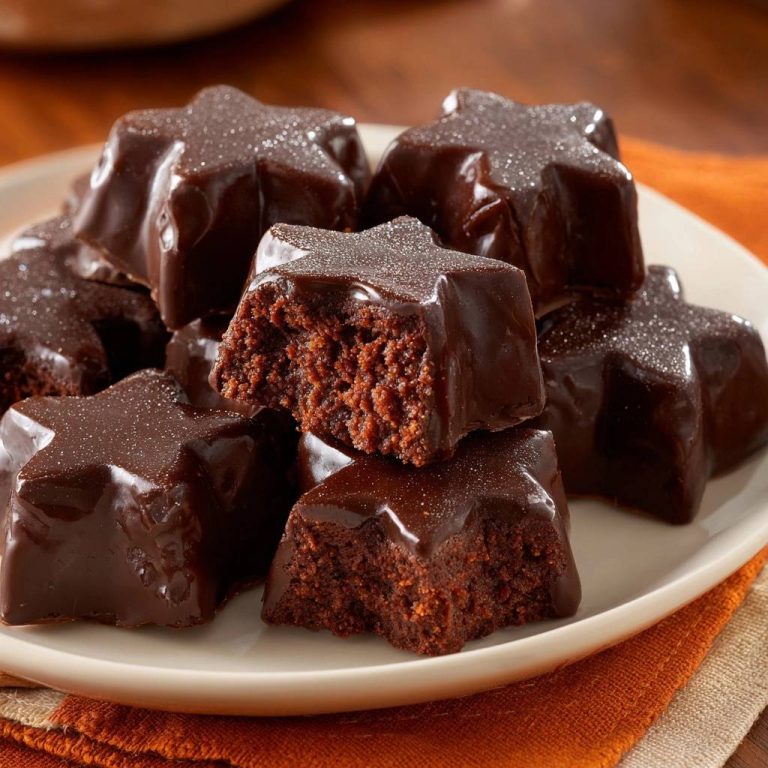 Schokostern-Brownies mit glänzendem Schokoladenüberzug, präsentiert in Nahaufnahme. Ein angeschnittener Stern zeigt die saftige Textur des Brownie-Inneren.