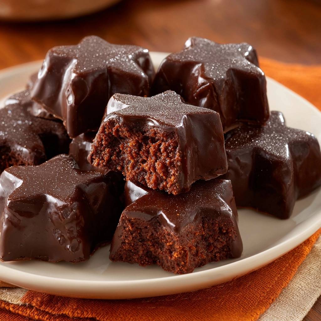 Schokostern-Brownies mit glänzendem Schokoladenüberzug, präsentiert in Nahaufnahme. Ein angeschnittener Stern zeigt die saftige Textur des Brownie-Inneren.