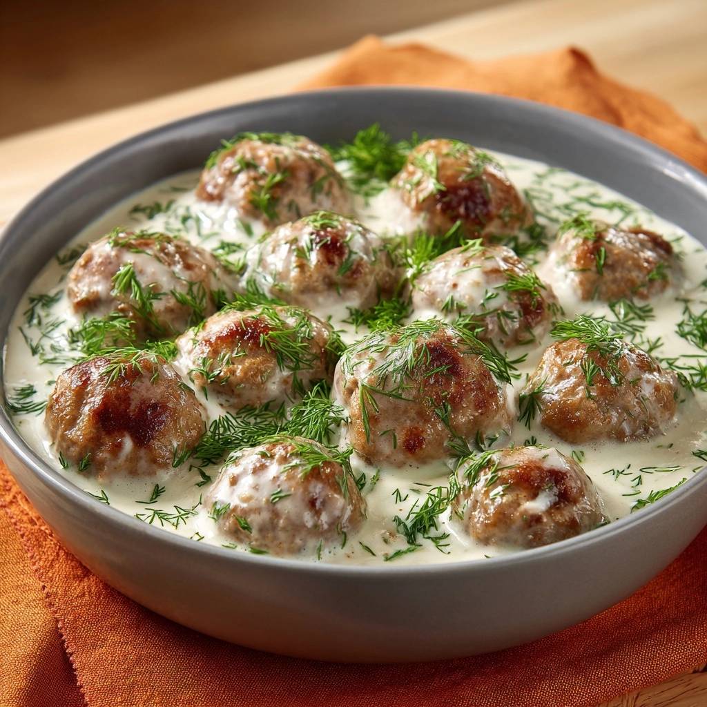 Schwedische Fleischbällchen in cremiger Dill-Sahne, serviert in einer grauen Schüssel, mit frischem Dill garniert und von oben fotografiert.