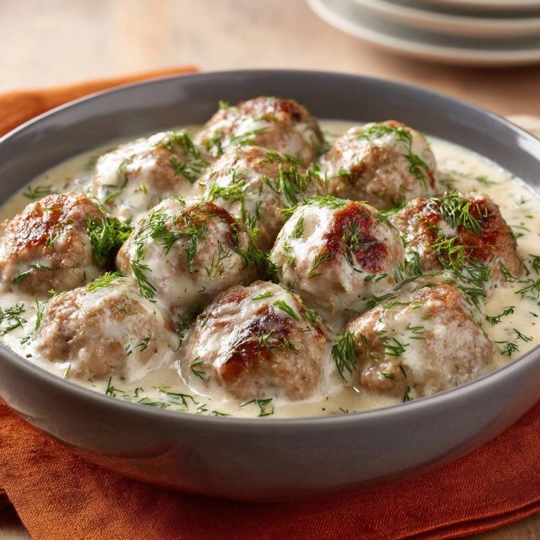 Schwedische Fleischbällchen in cremiger Dill-Sahne, serviert in einer grauen Schüssel, garniert mit frischem Dill, aus der Draufsicht fotografiert.