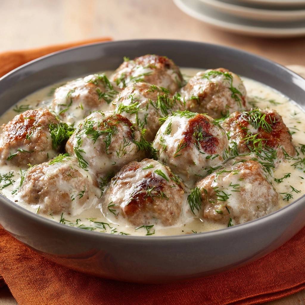 Schwedische Fleischbällchen in cremiger Dill-Sahne, serviert in einer grauen Schüssel, garniert mit frischem Dill, aus der Draufsicht fotografiert.