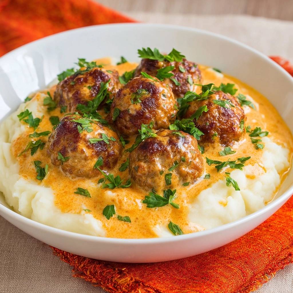 Schwedische Fleischbaellchen Mit Sahnesauce Serviert 1 Schwedische Fleischbällchen mit Sahnesauce auf Kartoffelpüree serviert, garniert mit frischer Petersilie in einer weißen Schüssel.