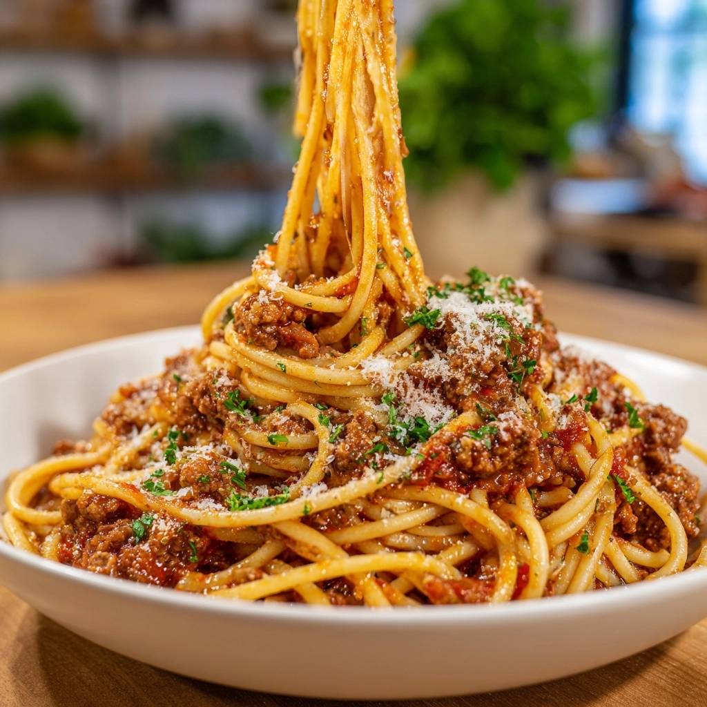 Spaghetti Bolognese (keine wässrige Soße mehr) mit frisch geriebenem Parmesan und Kräutern, die Nudeln werden aus der Schüssel gehoben.