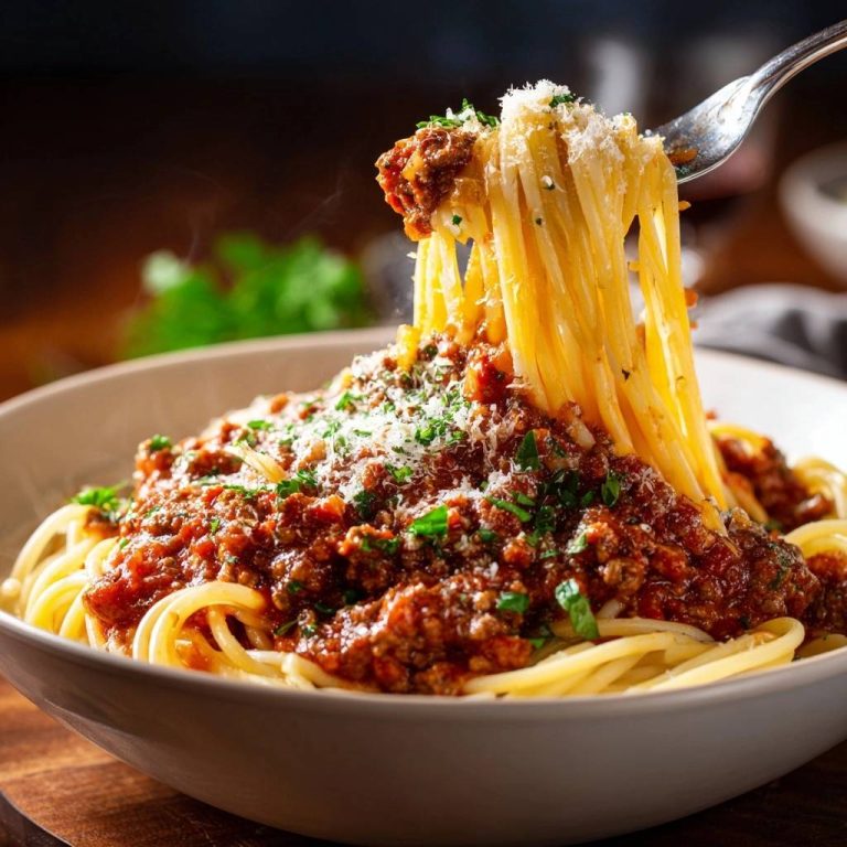 Spaghetti Bolognese, serviert in einer Schüssel. Auf einer Gabel wird eine Portion Nudeln mit würziger Bolognese-Soße und Parmesan präsentiert.