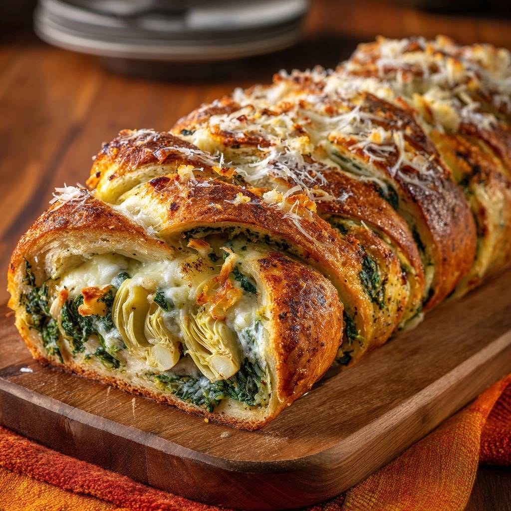 Spinat-Artischocken-Käse-Brotzopf, ein köstlicher Hefezopf mit Käse, zeigt eine Nahaufnahme des saftigen Querschnitts.