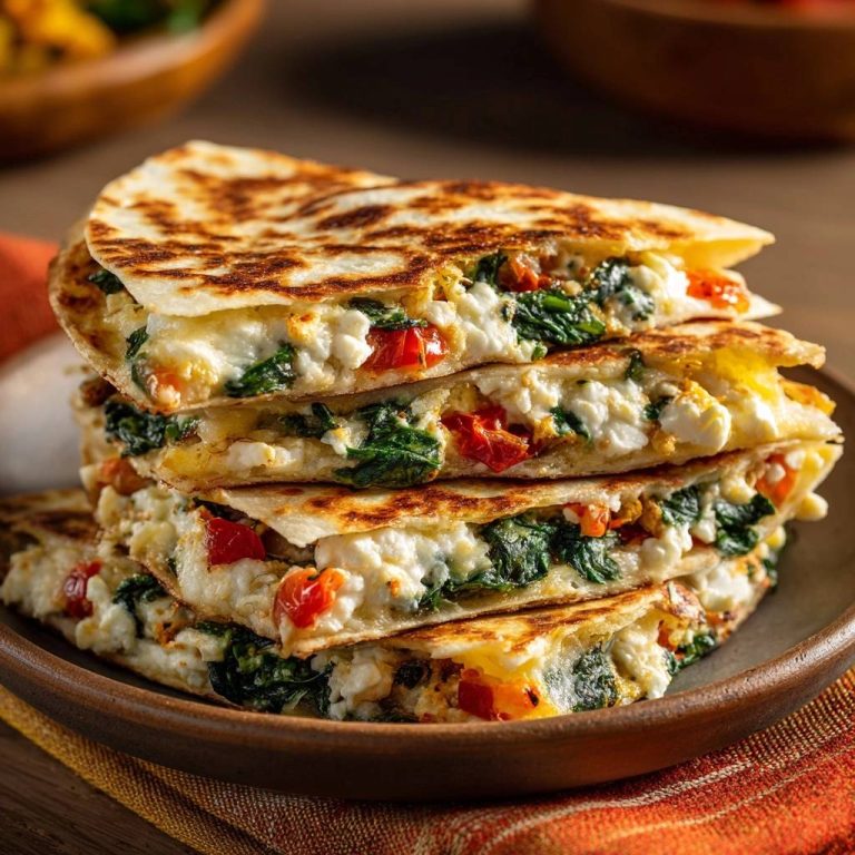 Knusprige Spinat-Feta-Quesadillas angeschnitten im Stapel, die innen mit Käse, Spinat und roten Paprikastückchen gefüllt sind.