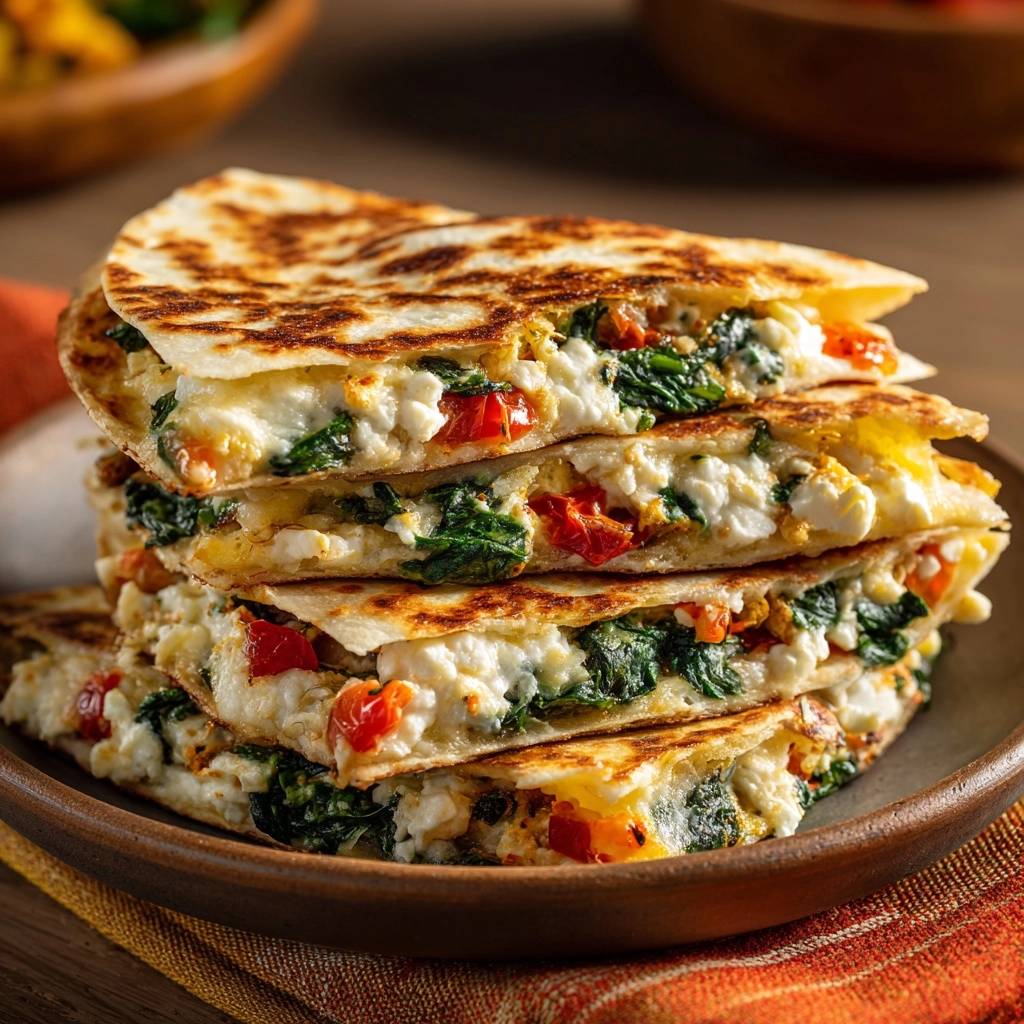 Knusprige Spinat-Feta-Quesadillas angeschnitten im Stapel, die innen mit Käse, Spinat und roten Paprikastückchen gefüllt sind.
