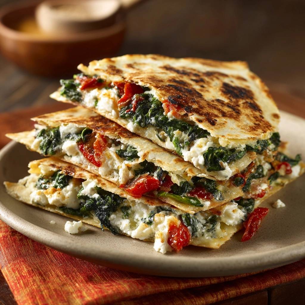 Spinat Feta Quesadillas Querschnitt 1 Spinat-Feta-Quesadillas im Querschnitt, die eine köstliche Füllung aus Spinat, Feta und sonnengetrockneten Tomaten zeigen.