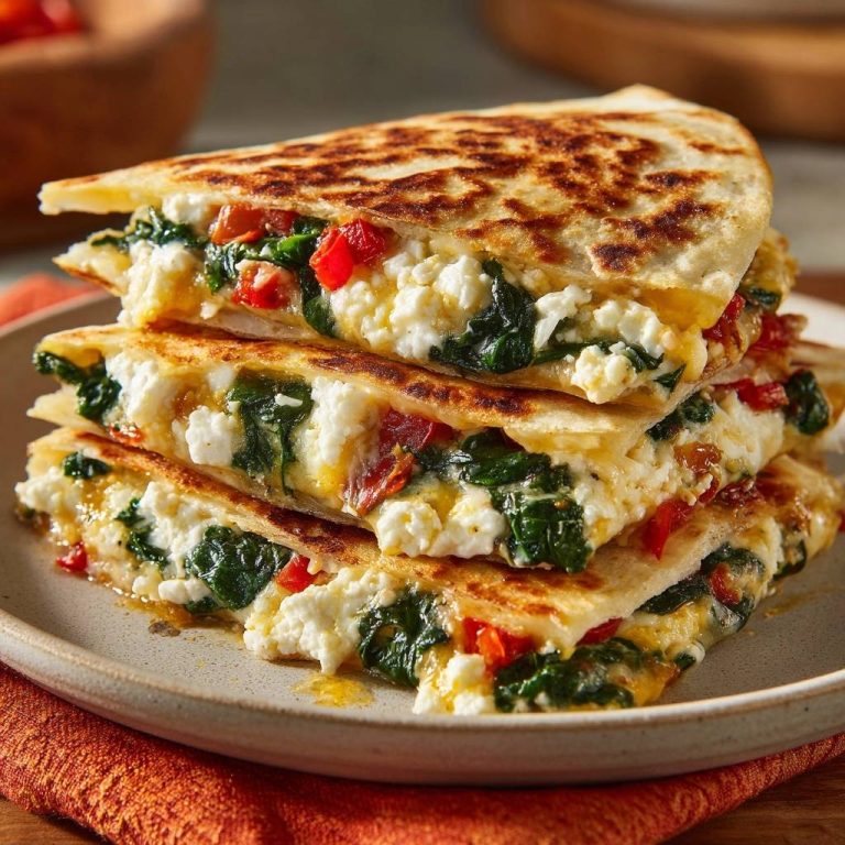 Spinat-Feta-Quesadillas im Nahaufnahme-Querschnitt, der die cremige Feta-Spinat-Füllung und goldbraunen Tortilla-Teig zeigt.