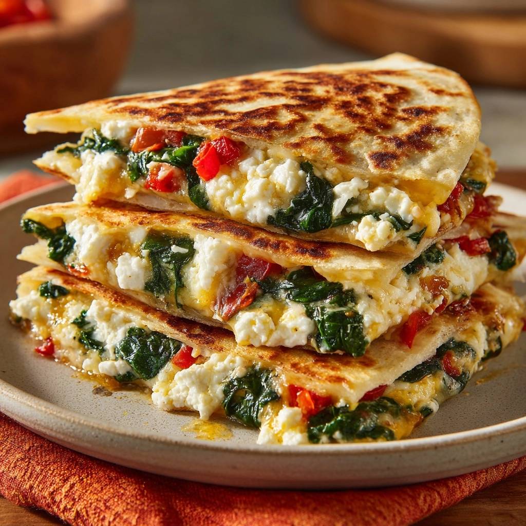 Spinat-Feta-Quesadillas im Nahaufnahme-Querschnitt, der die cremige Feta-Spinat-Füllung und goldbraunen Tortilla-Teig zeigt.