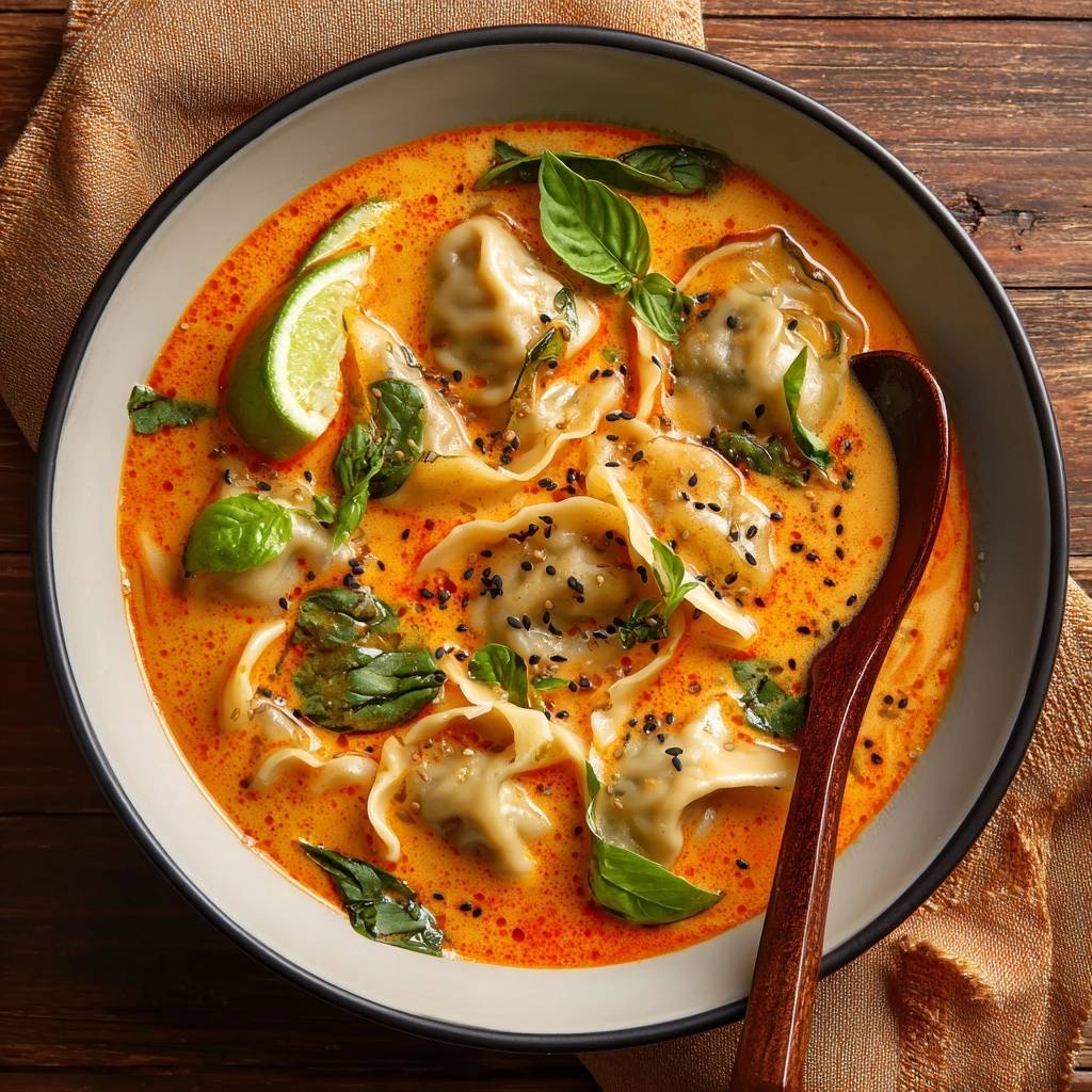 Thailändische Garnelen-Dumpling-Currysuppe von oben serviert, mit frischen Kräutern, Limettenspalte und Sesamkörnern garniert.