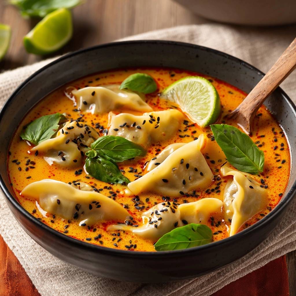 Thailandsche Garnelen Dumpling Currysuppe Nahaufnahme Garnie 1 Thailändische Garnelen-Dumpling-Currysuppe, eine Nahaufnahme mit frischem Basilikum, Limettenspalten und Sesam.