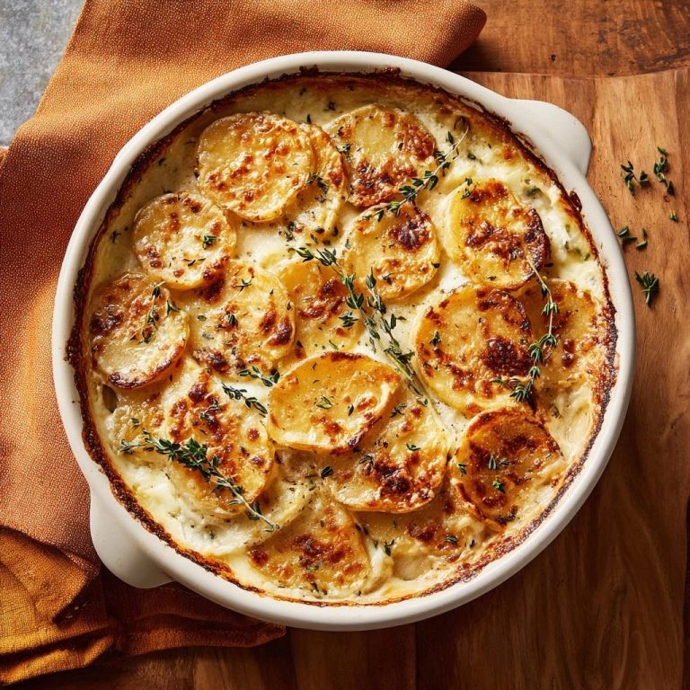 Thymian-Kartoffelgratin in einer Auflaufform, frisch gebacken und mit goldbraunen Kartoffelscheiben von oben betrachtet.