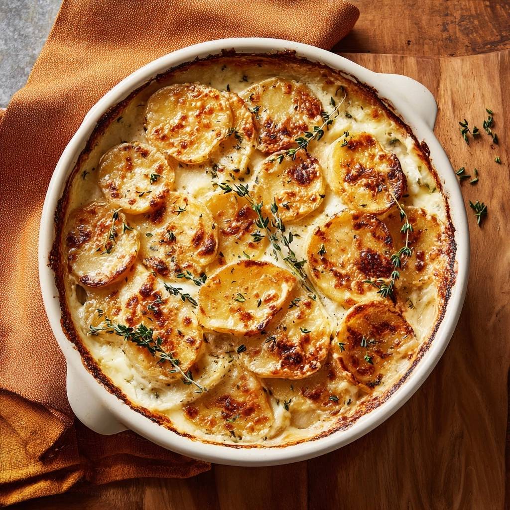 Thymian-Kartoffelgratin in einer Auflaufform, frisch gebacken und mit goldbraunen Kartoffelscheiben von oben betrachtet.