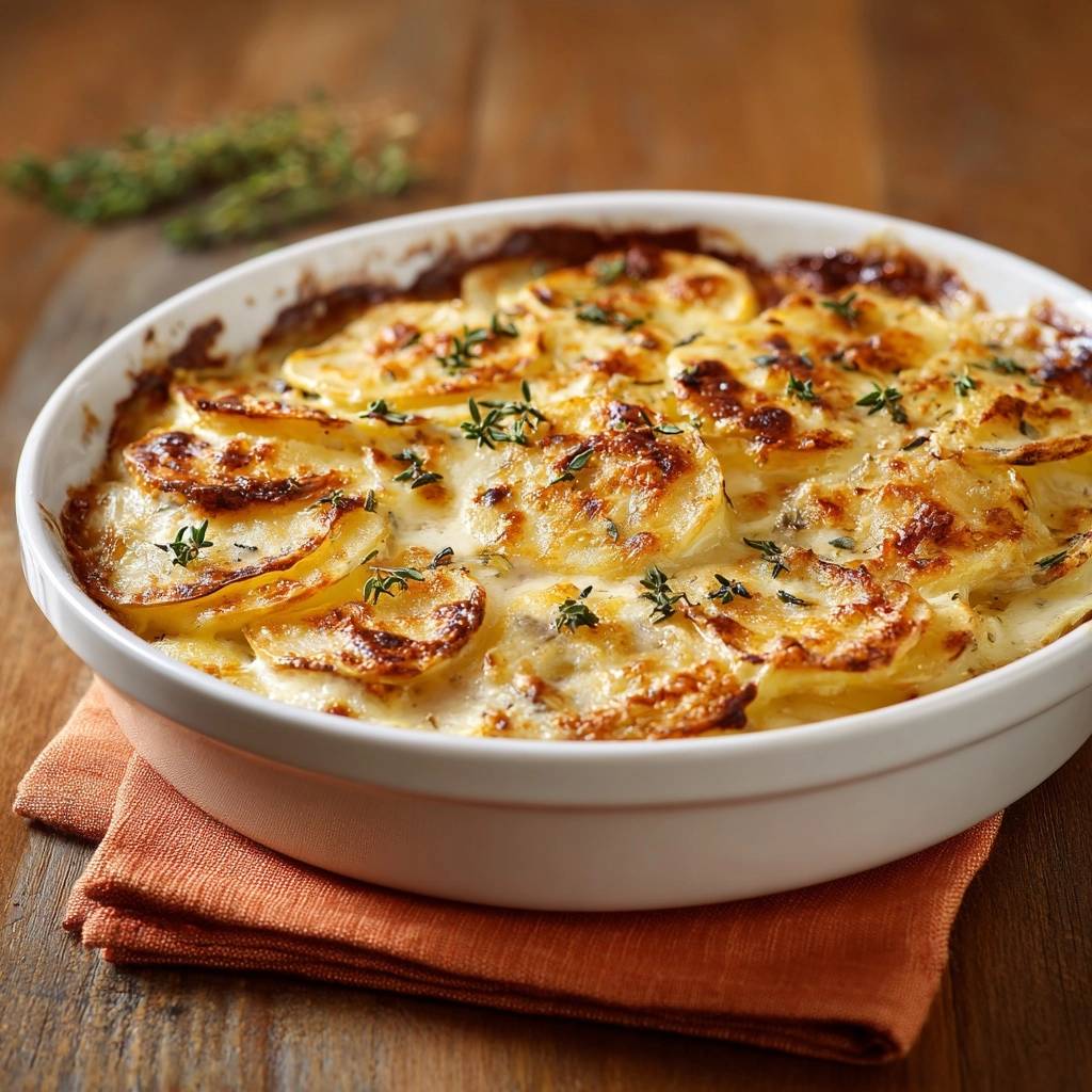 Thymian Kartoffelgratin Draufsicht Serviert 1 Thymian-Kartoffelgratin in einer weißen Auflaufform serviert, mit goldbraun gebackenen Kartoffelscheiben und frischen Thymianblättern garniert.