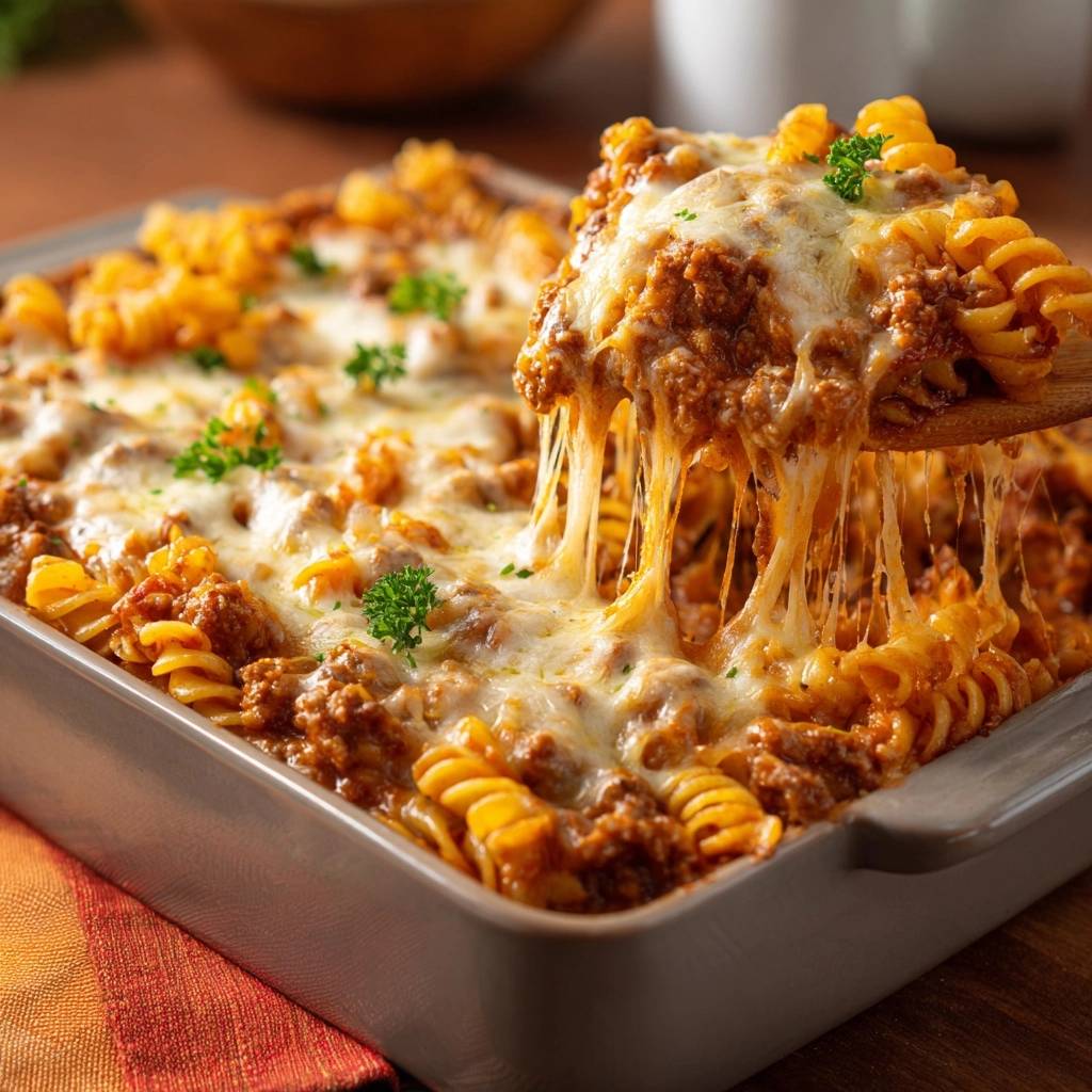 Überbackene Fusilli mit Hackfleisch, mit geschmolzenem Käse, der sich von einer Holzschöpfkelle zieht und die Nudeln bedeckt.