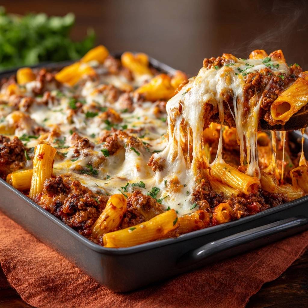 Überbackene Rigatoni mit Hackfleischsoße, wobei eine Portion mit geschmolzenem Käse von der Auflaufform abgehoben wird. Das Gericht ist dampfend heiß.
