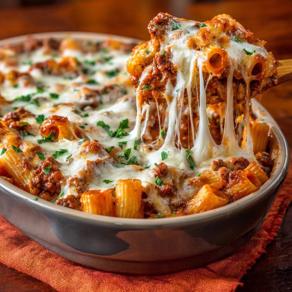 Ueberbackene Rigatoni Hackfleisch Cremiger Kaese Strang 1 Überbackene Rigatoni mit Hackfleischsoße, wobei ein Löffel den geschmolzenen Käse in einem langen Strang zeigt. Der Käse ist cremig und saftig.