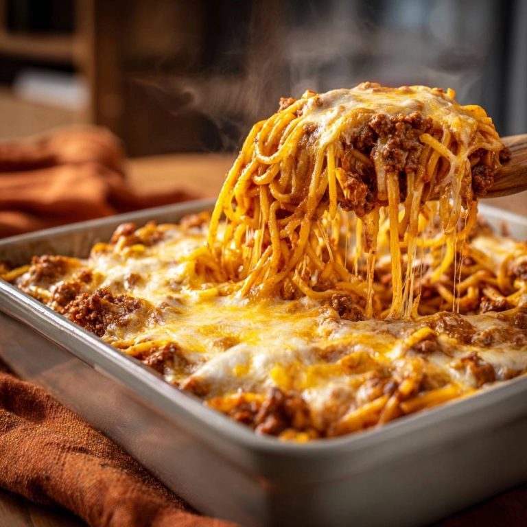 Überbackene Spaghetti Bolognese mit geschmolzenem Käse, der fadenweise vom Holzlöffel gezogen wird.