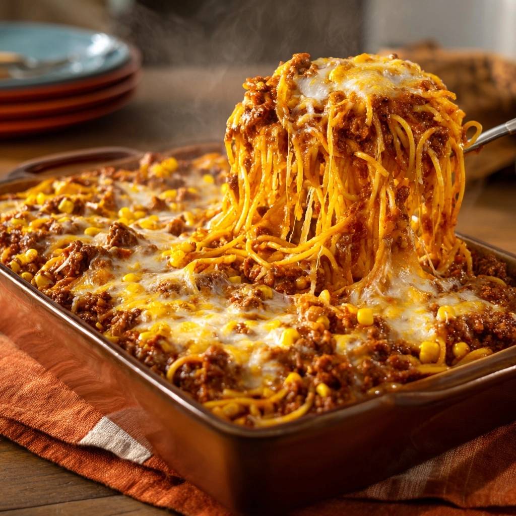 Ueberbackene Spaghetti Bolognese Portion Angehoben 1 Überbackene Spaghetti Bolognese, die gerade aus der Auflaufform gehoben wird, zeigt die geschmolzene Käseschicht und die dampfenden Nudeln.