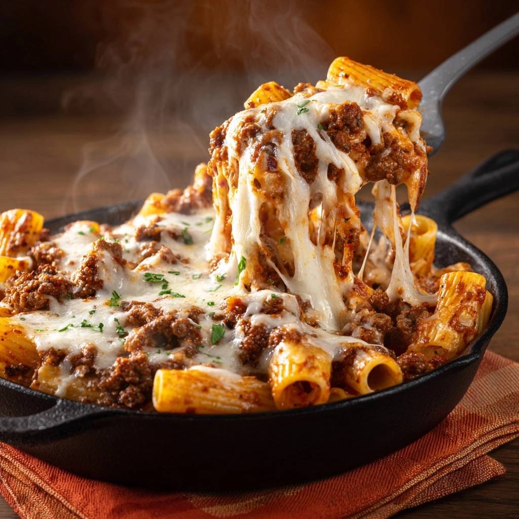 Ueberbackener Rigatoni Hackfleisch Nahaufnahme 1 Überbackener Rigatoni mit Hackfleischsoße in einer gusseisernen Pfanne, mit geschmolzenem Käse, der sich zieht. Ein detailreicher Blick auf das köstliche Gericht.