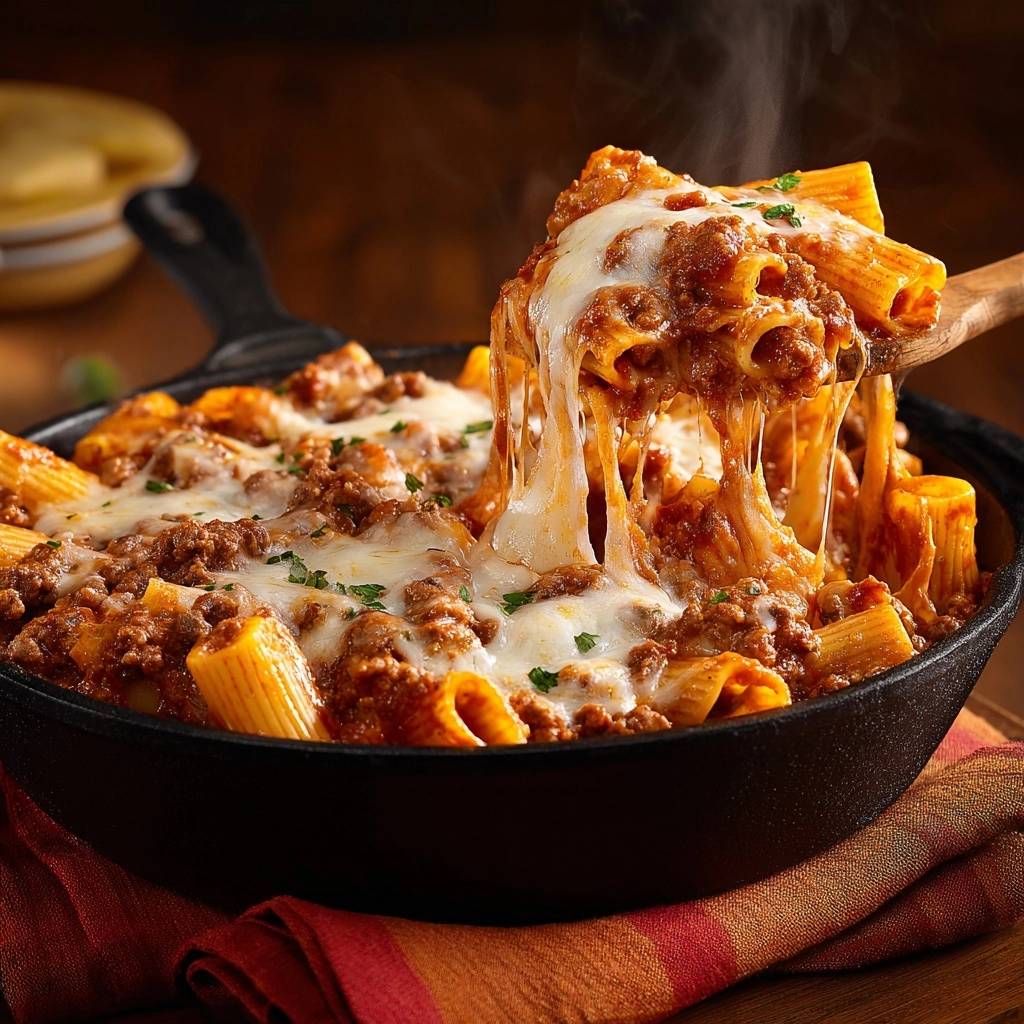 Überbackener Rigatoni mit Hackfleischsoße in Nahaufnahme: Geschmolzener Käse, der sich von einer Holzschöpfkelle zieht und die dampfende Pasta enthüllt.
