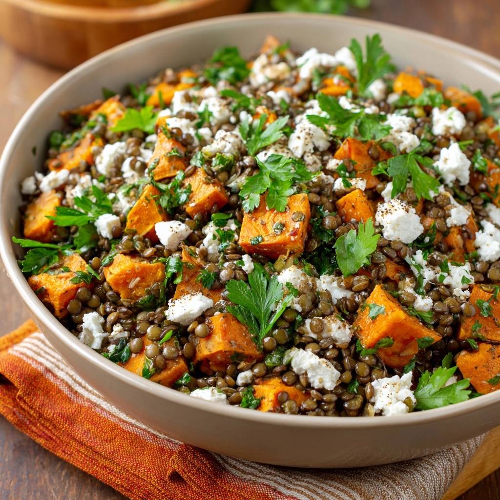 Warme Süßkartoffel-Linsen-Bowl mit Feta, von oben betrachtet, präsentiert eine farbenfrohe Mischung aus Linsen, Süßkartoffeln, Feta und frischen Kräutern.