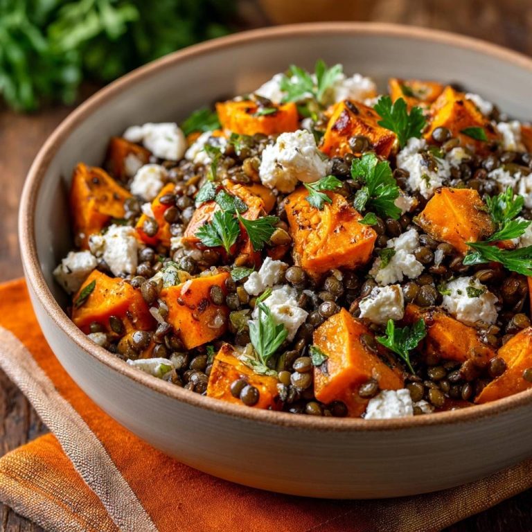 Warme Süßkartoffel-Linsen-Bowl mit Feta in Nahaufnahme: Die herzhafte Bowl mit knusprigem Süßkartoffel-Würfeln, Linsen und Feta, garniert mit frischer Petersilie.