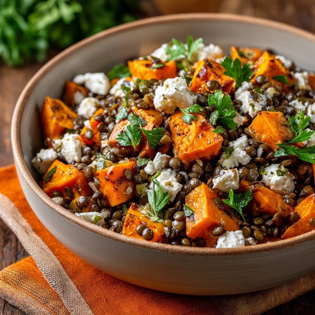 Warme Süßkartoffel-Linsen-Bowl mit Feta in Nahaufnahme: Die herzhafte Bowl mit knusprigem Süßkartoffel-Würfeln, Linsen und Feta, garniert mit frischer Petersilie.