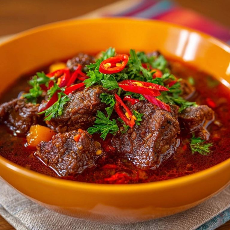 Würziges Rindfleisch-Kürbis-Curry in Nahaufnahme, garniert mit frischen Kräutern und Chilis. Ein herzhaftes Gericht, serviert in einer Schüssel.