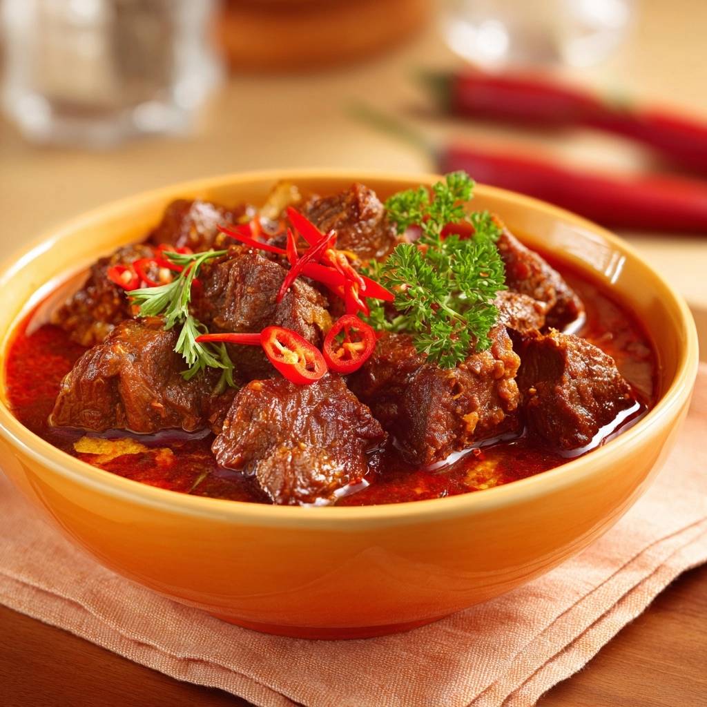 Wurziges Rindfleisch Kurbis Curry Nahaufnahme Serviert 1 Würziges Rindfleisch-Kürbis-Curry in einer Schüssel serviert. Eine Nahaufnahme zeigt das zarte Fleisch und die frischen Chilischoten.