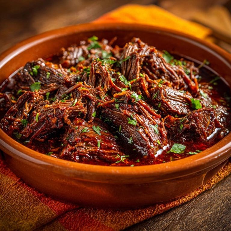 Zartes Birria-Rindfleisch in einer braunen Schüssel, garniert mit frischer Petersilie, aus der Vogelperspektive fotografiert.