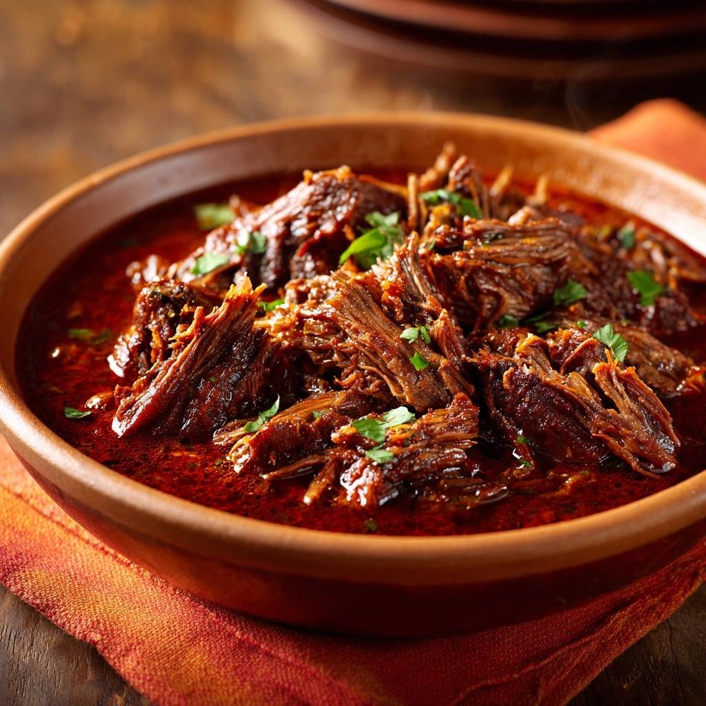 Zartes Birria Rindfleisch Nahaufnahme Serviert 1 Zartes Birria-Rindfleisch in einer Schüssel serviert, mit frischer Petersilie garniert und dampfend heiß.