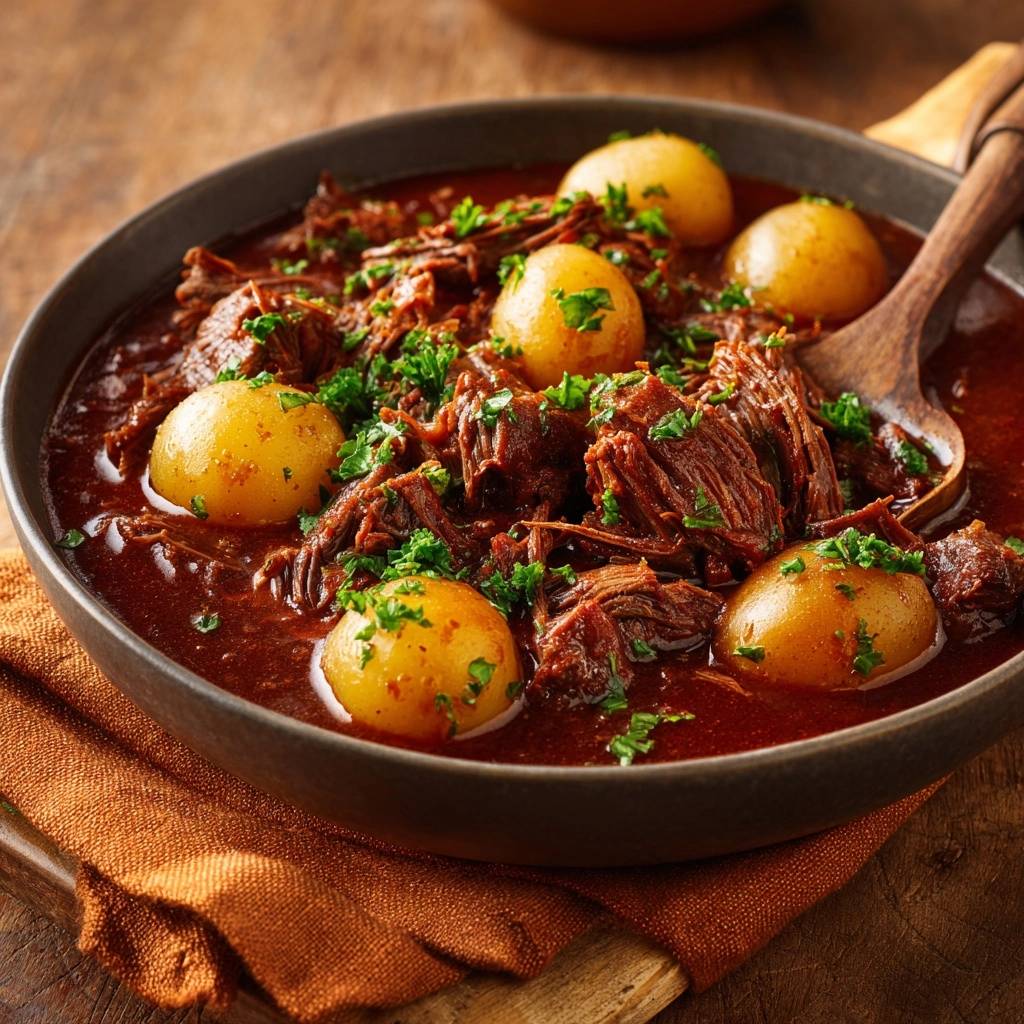 Zartes Rindergulasch Mit Kartoffeln Serviert 1 Zartes Rindergulasch mit Kartoffeln serviert in einer dunklen Schüssel, garniert mit frischer Petersilie und goldenen Kartoffeln.