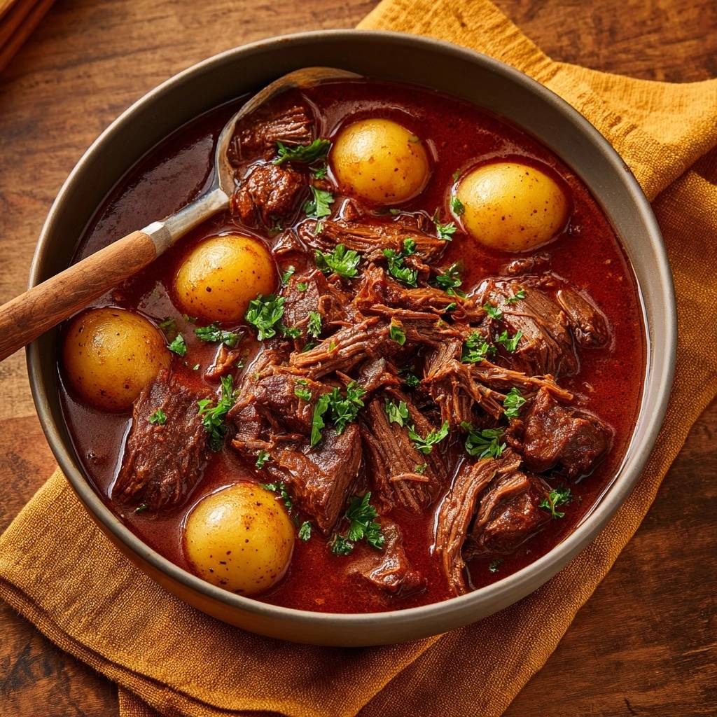 Zartes Rindergulasch mit Kartoffeln serviert in einer tiefen Schüssel, garniert mit frischer Petersilie und serviert mit kleinen Kartoffeln.