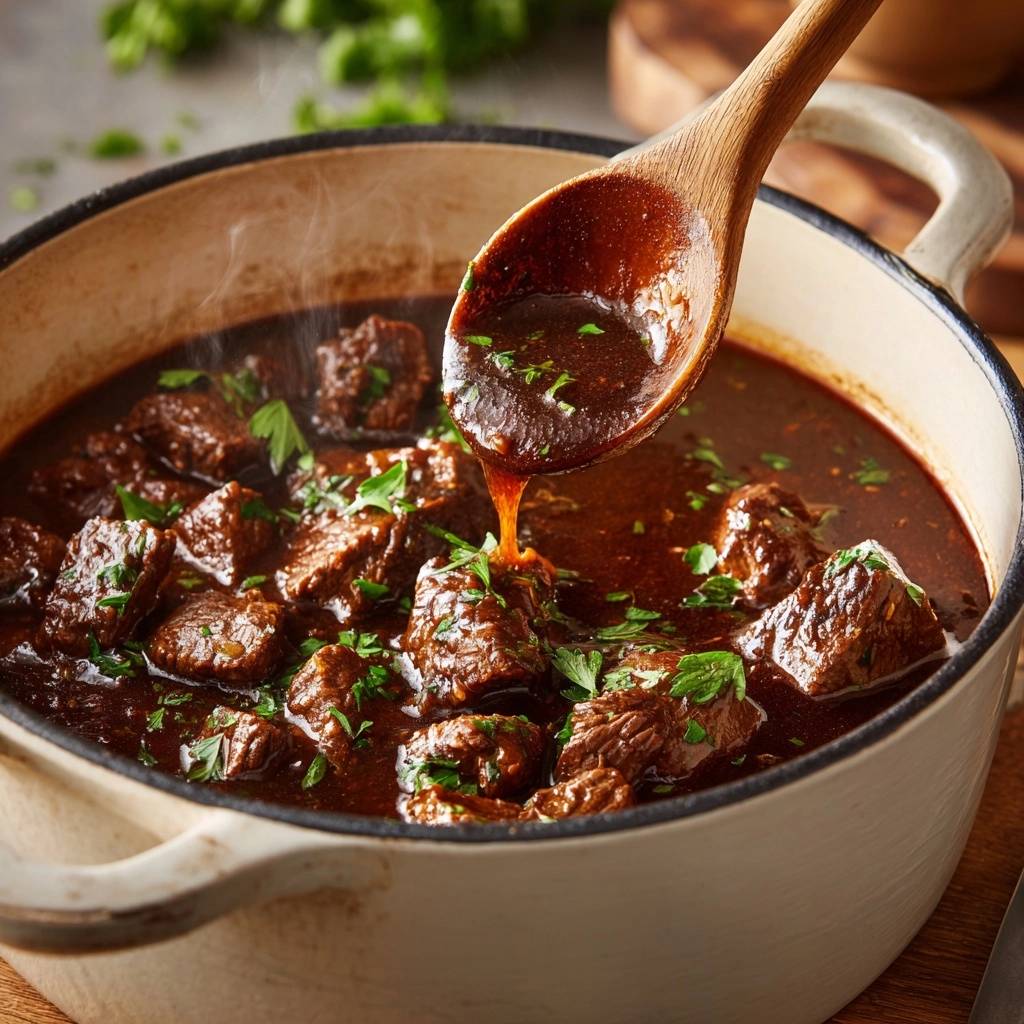Zartes Rindergulasch Nahaufnahme Mit Lffel 1 Zartes Rindergulasch in Nahaufnahme, serviert in einem Topf, mit einem Holzlöffel, der die köstliche Sauce zeigt.