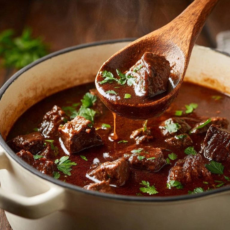 Zartes Rindergulasch in Nahaufnahme: Ein Holzlöffel hebt saftige Fleischstücke in der dunklen, aromatischen Soße hervor.