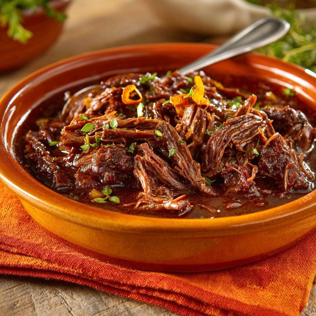 Zartes Rindfleischragout Nahaufnahme Serviert 1 Zartes Rindfleischragout, serviert in einer rustikalen Schüssel, mit frischen Kräutern garniert und mit einem Löffel angerichtet.