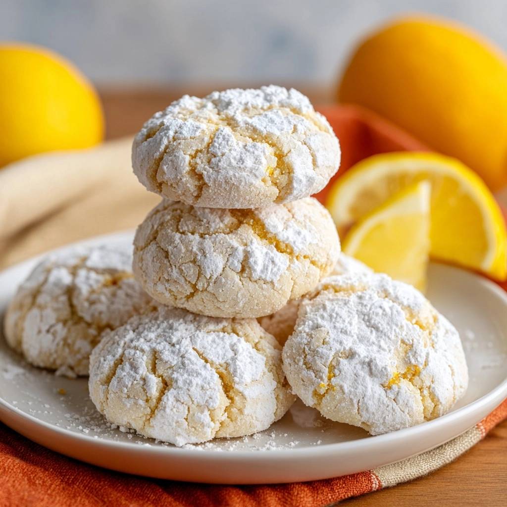 Zitronen-Crinkle-Cookies sind auf einem Teller gestapelt, mit Puderzucker bestäubt, in einer Nahaufnahme. Die knusprigen Kekse sind bereit zum Genießen.